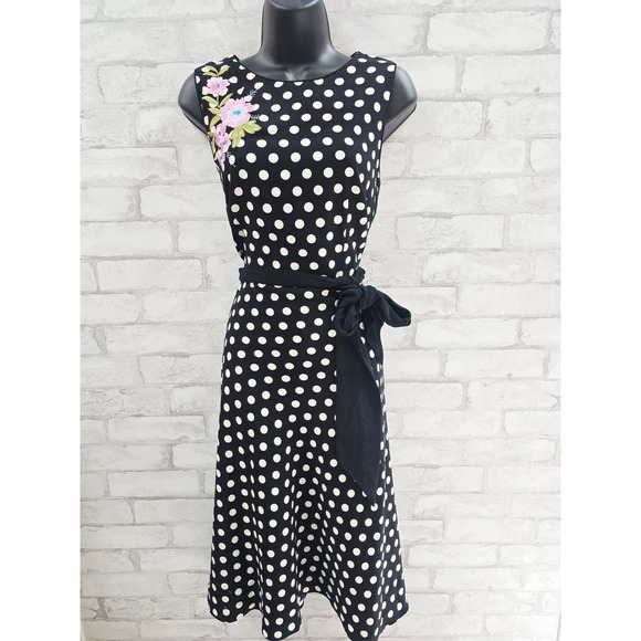 Talbots Dresses & Skirts - Talbots Black‎ White Polka Dot Sleeveless Floral Embroidered Dress Size 6